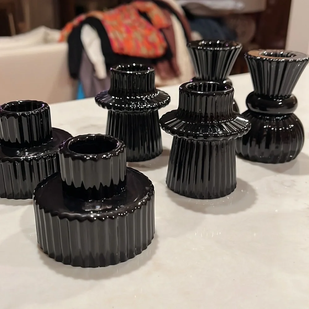 Kate Aspen Assorted Vintage Ribbed Black Glass Candlestick Candle Holder Set